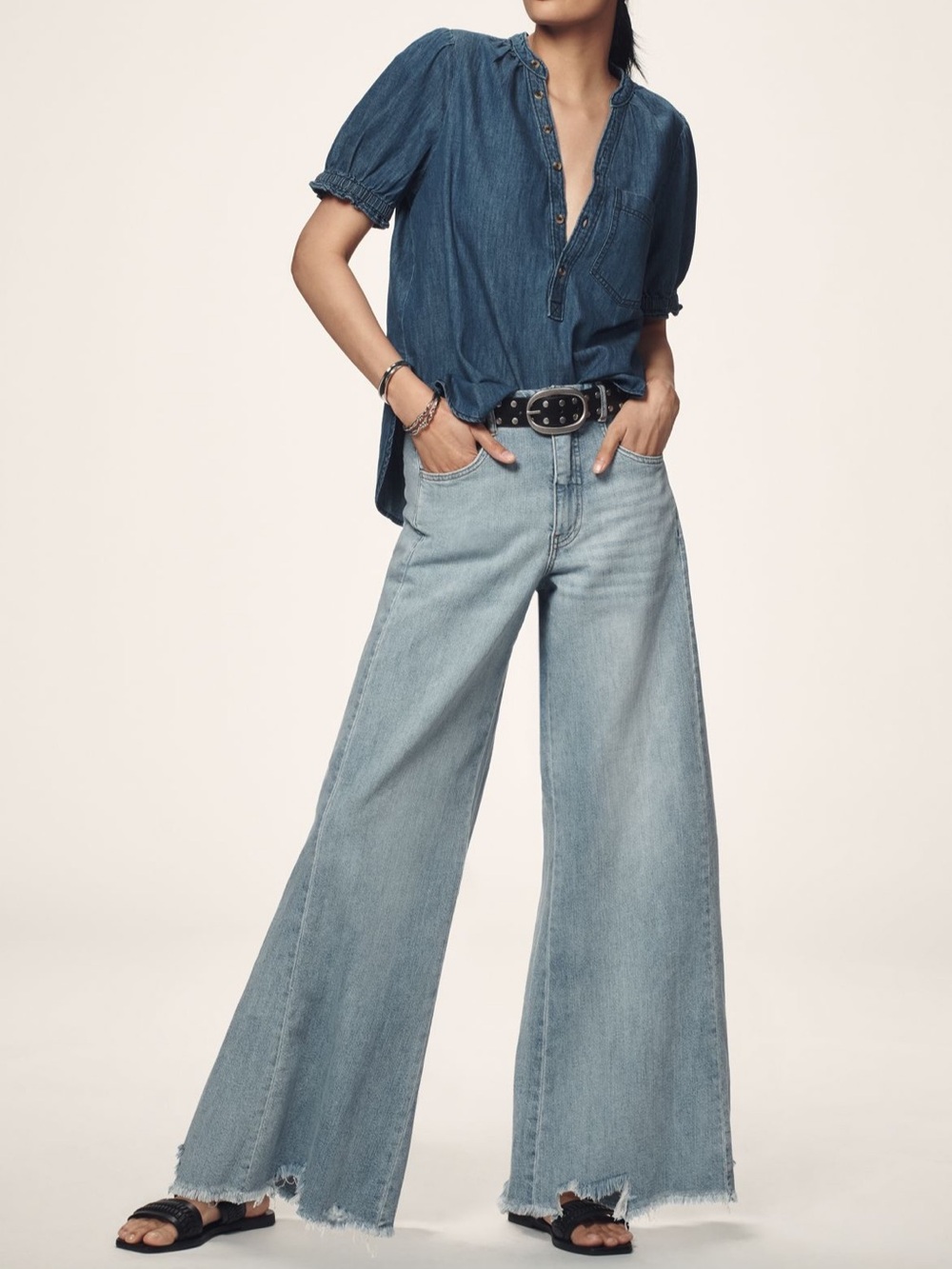Anthropologie Light Blue Wide-Leg Flare Jeans with Raw Hem